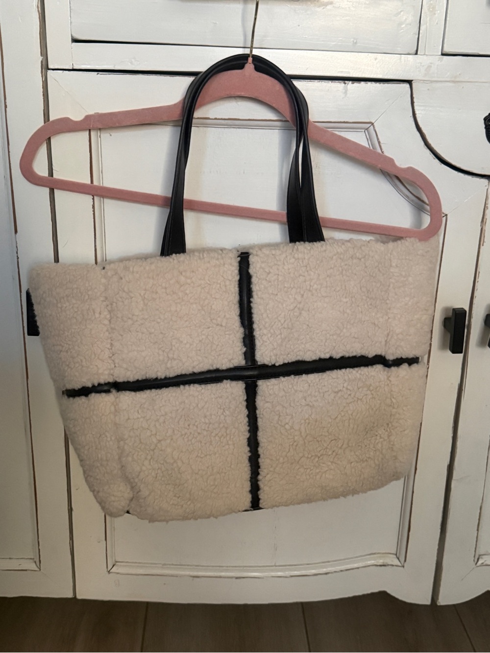 Women's Cream Sherpa Tote Bag with Black Trim
